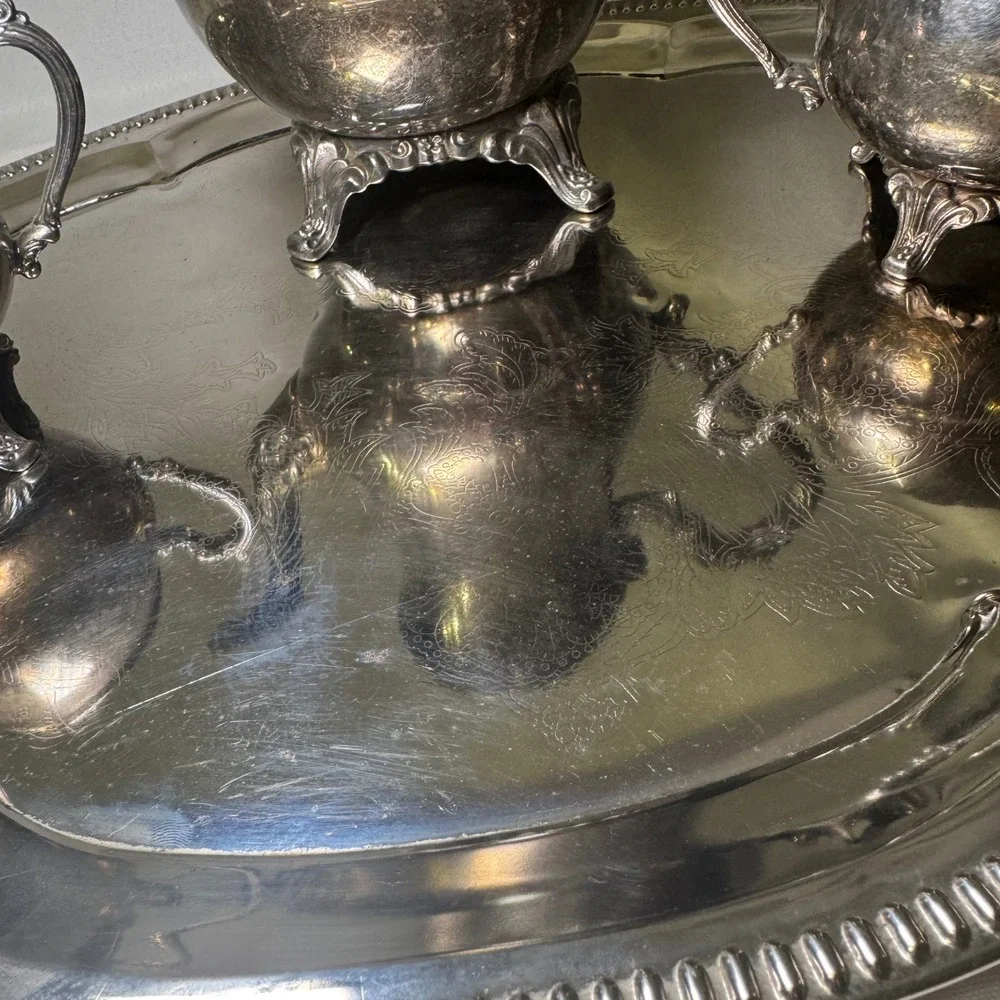 Vintage Oneida Silver Plate Tea Coffee Service Set with Etched Serving Tray 5pc